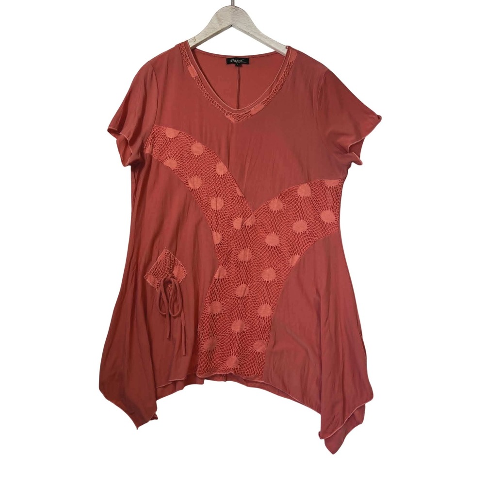Papa Vancouver Women Coral Crochet Lace‎ Sharkbite Hem Tunic Top V-Neck Large